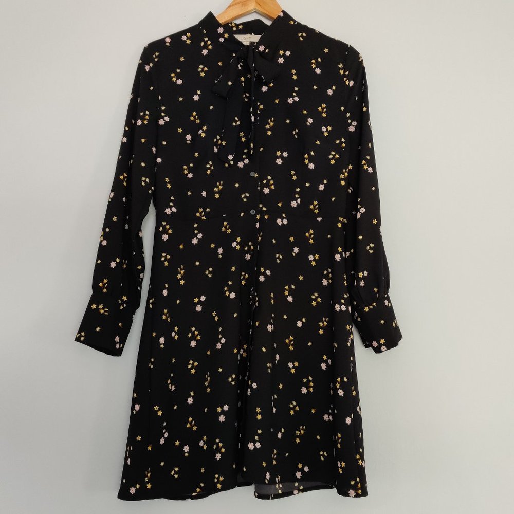 Loft Size 6 Midi Dress Black Floral Print with Tie at Collar : Academia, Casual
